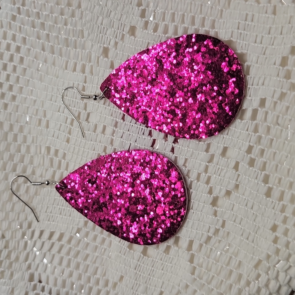 Retro Glittered Teardrop Dangle Earrings Faux Leather Pink Purplish 3" Drop NWT - Picture 2 of 8